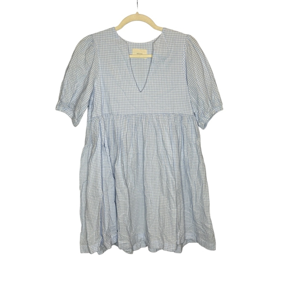 Ruori Cotton Plaid Check V-Neck Mini Dress S Blue/White